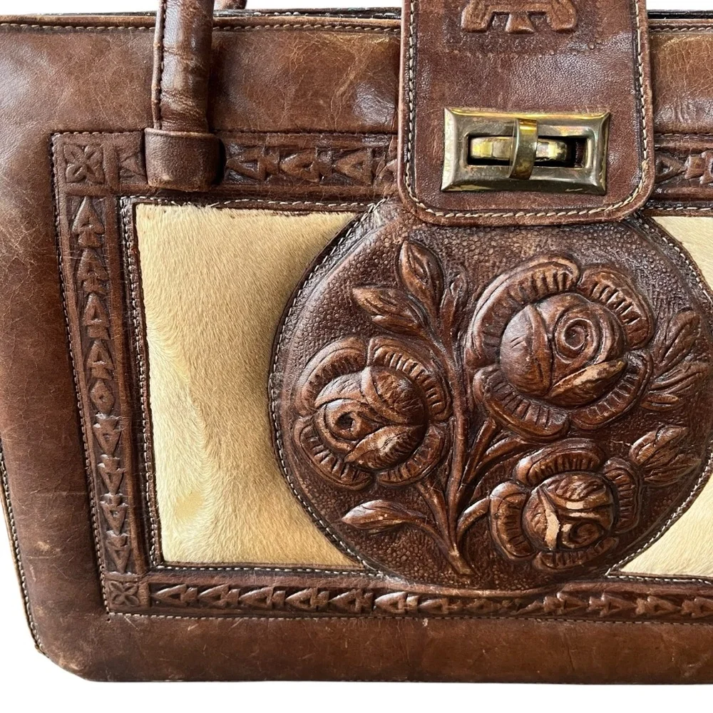 VINTAGE Mexican Western Tooled Leather & Hair on Hide Handbag Purse - Picture 10 of 12